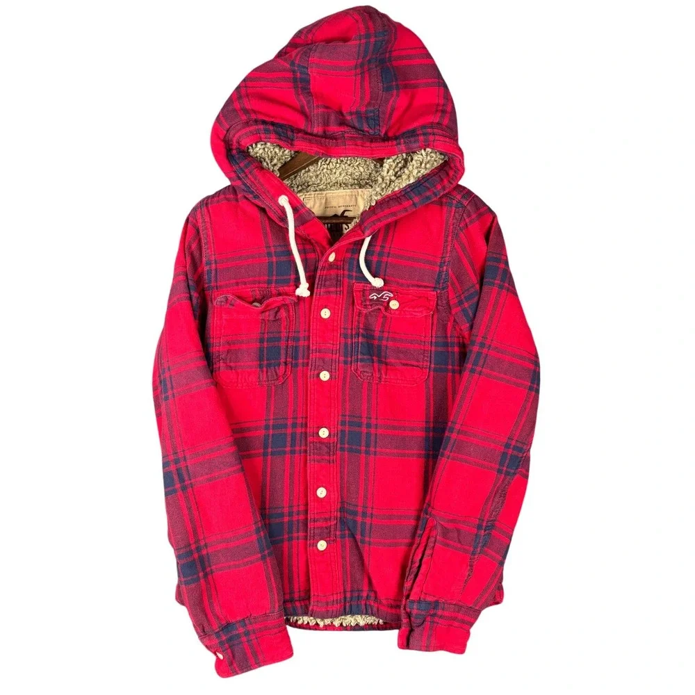 Hollister Mens Red Plaid Sherpa Lined Hooded Flannel Shirt Jacket Size M Y2K